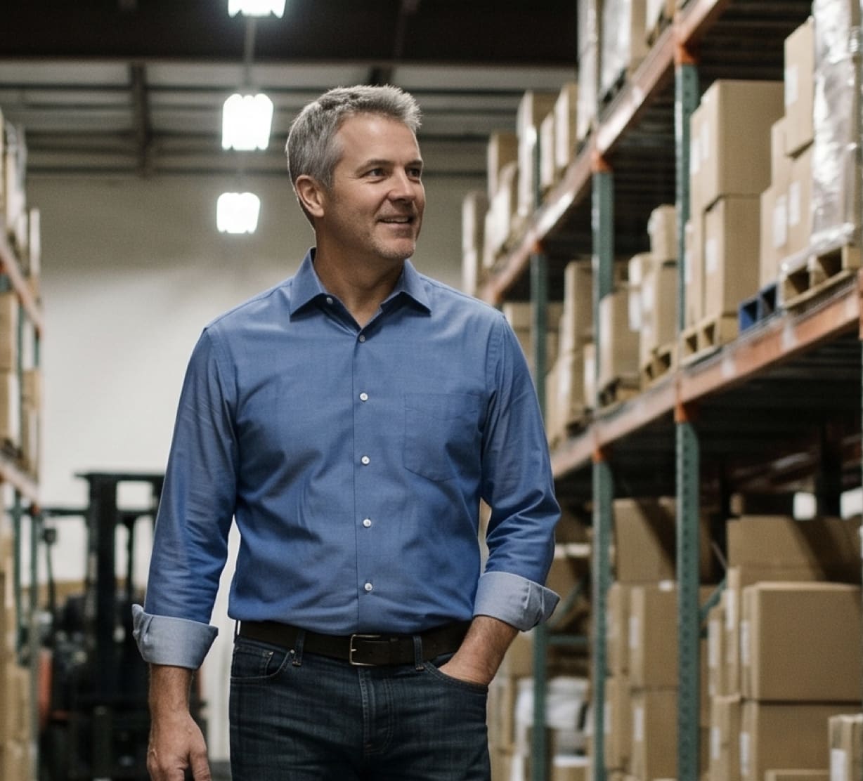 Business owner in warehouse — planning for succession and future readiness